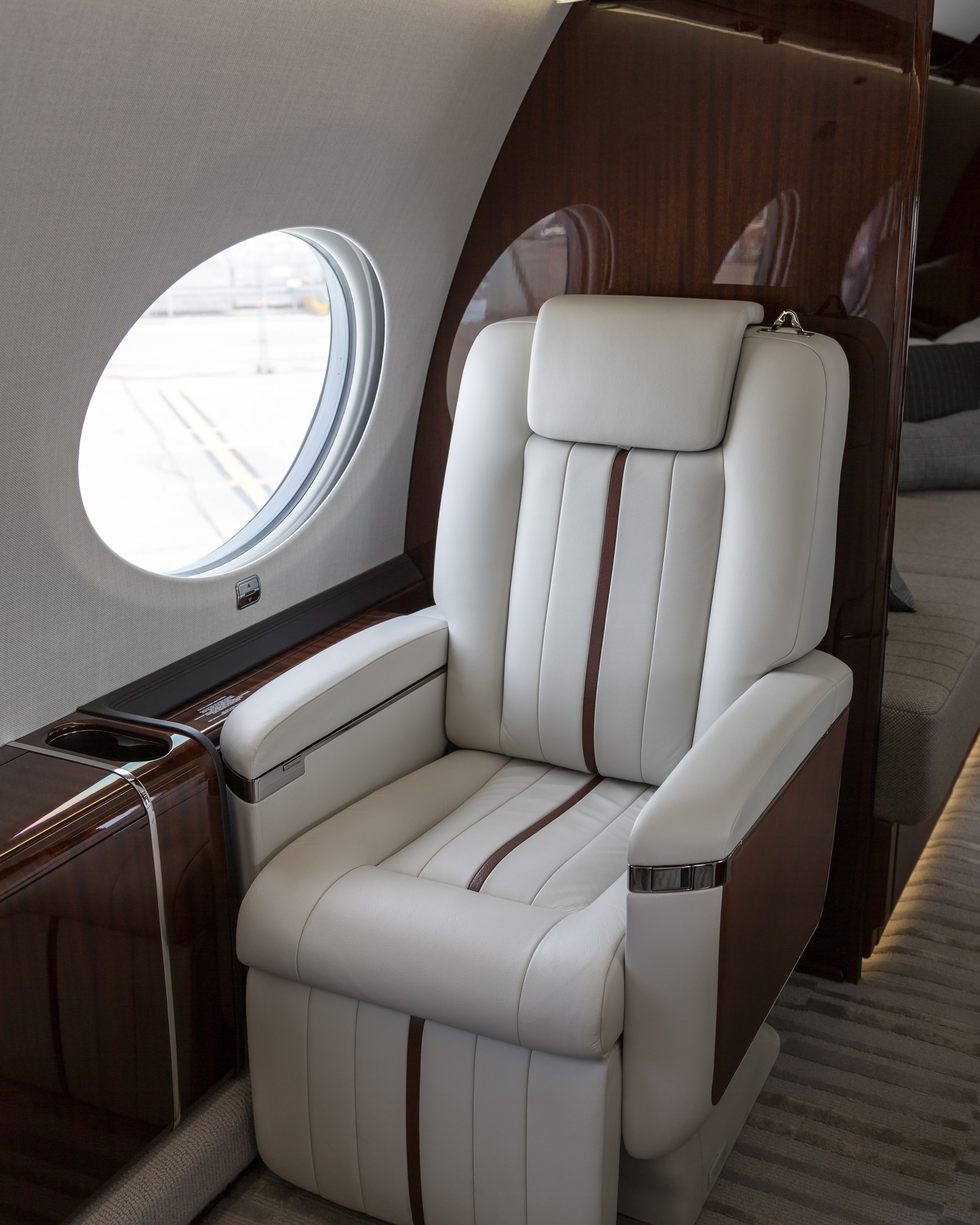 The interior of a private long-range aircraft cabin