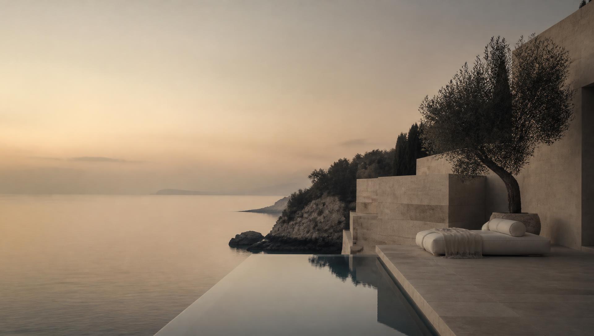 An infinity-edge terrace of a private cliffside villa above a still sea at dusk